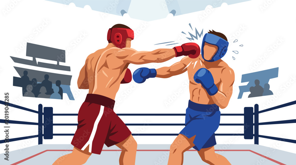 Obraz premium Flat vector illustration of two boxers fighting in a professional boxing ring, featuring powerful punches, sports competition, and dynamic combat action