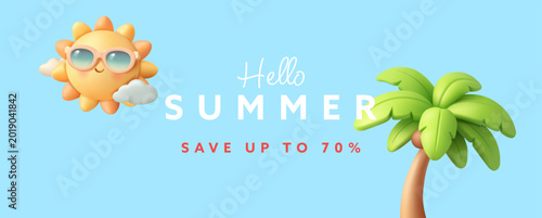 Summer banner with 3D palm tree, funny sun character on blue background, sky. Save up to 70 percent. Minimalistic modern banner. Vector illustration.
