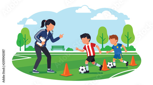 Φωτογραφία Flat vector illustration of children practicing soccer dribbling drills with con