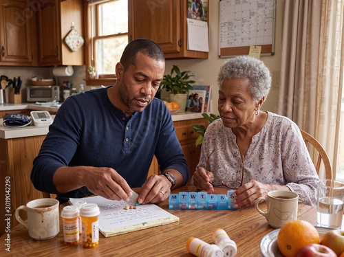 Adult son with weekly medication organizer for older mother at kitchen table