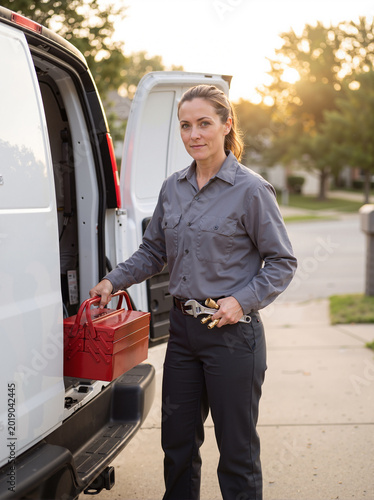 Service technician with toolbox wrenches and work van at sunset