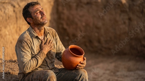 Male archaeologist sitting on ground with clay pot, eyes closed in relief  