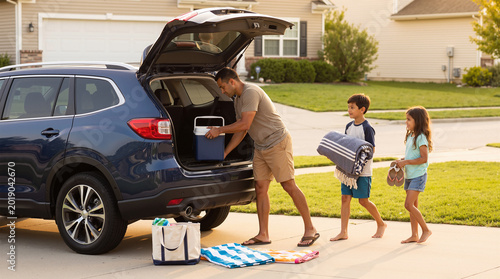 Father loading SUV with cooler and children on family outing