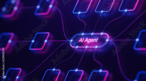 Photos AI Agent in Digital Network: A glowing AI agent core element interconnected within a complex digital network, showcasing the future of technology and connectivity