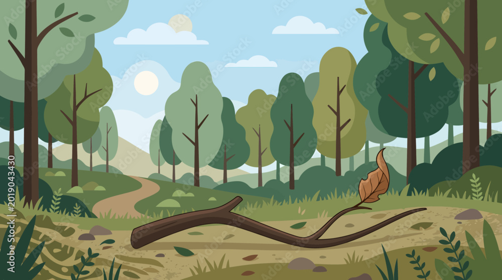 Fototapeta premium A serene landscape illustration of a bird perched on a branch in a forest with trees and a pathway under a sunny sky.