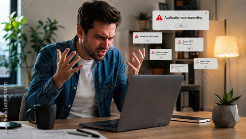 Frustrated man dealing with software errors and technology problems at home office