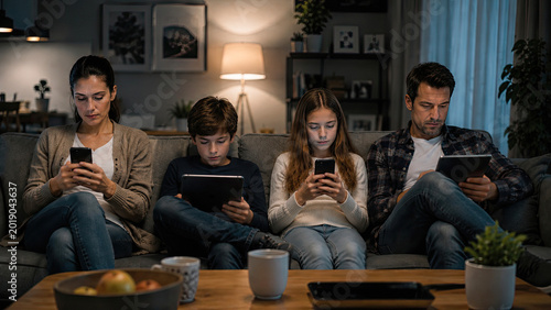 Family sitting together using digital devices without interaction at home