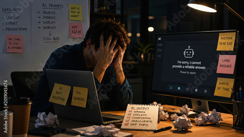 Frustrated professional struggling with unreliable AI chatbot responses at night office