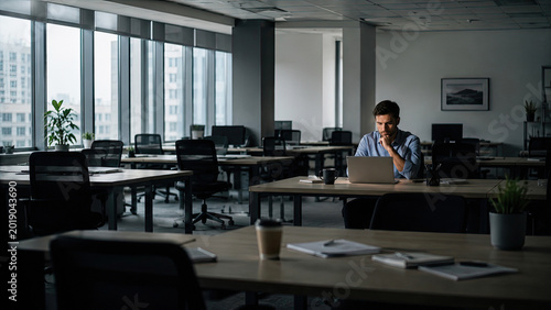 Isolated office worker alone in nearly empty corporate workspace