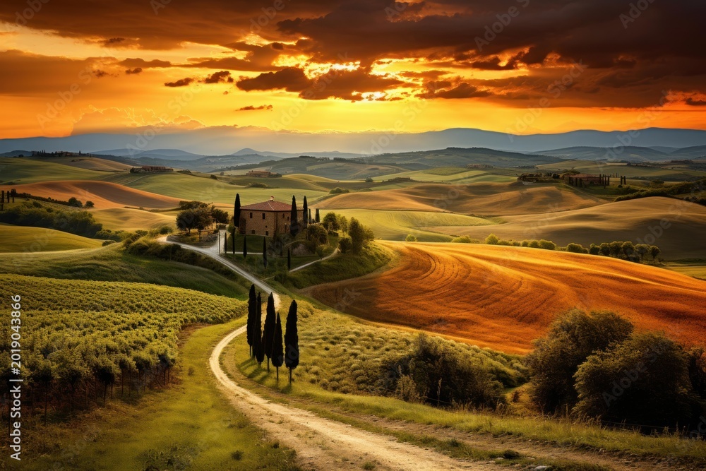 Obraz premium Rolling hills of tuscany, italy, showcasing a traditional farmhouse and vibrant sunset colors