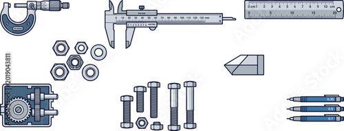 Tableau sur toile Engineering measurement and fastening tools set with micrometer, vernier caliper