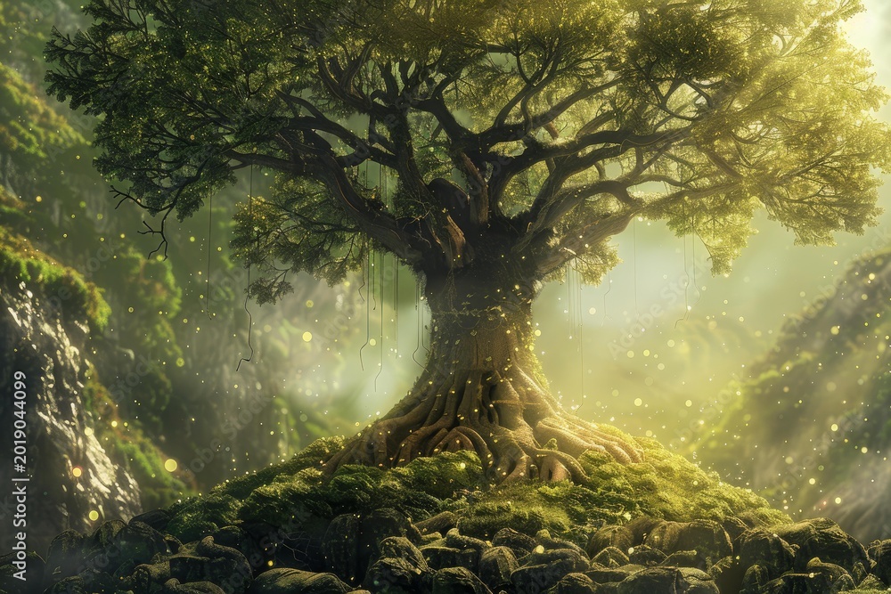 Fototapeta premium Glowing particles illuminating a majestic tree growing on a small hill in a magical forest