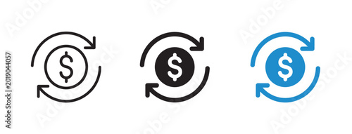 Quadro su tela Three icons showing dollar coin with circular arrows indicating exchange or retu