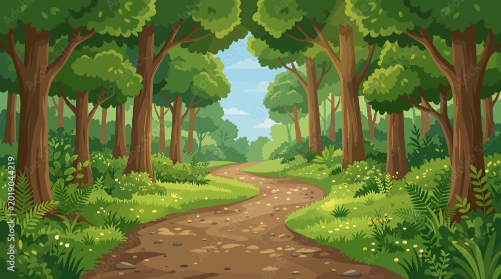 Fototapeta premium Cartoon forest path, dirt road, green trees, landscape vector