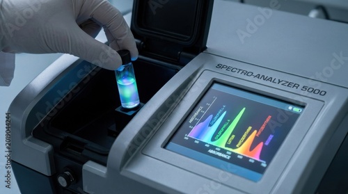 Scientific analysis of a glowing liquid sample in a spectro analyzer, showing data on a digital screen