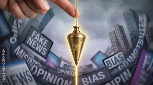A hand holds an AXIS OF TRUTH plumb line, stabilizing information amidst fake news and opinions