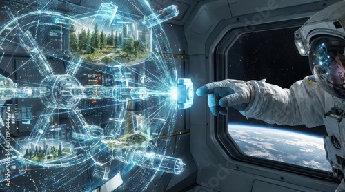 Astronaut interacts with an advanced holographic interface displaying future space station designs and terrestrial views