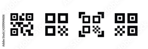 Qr code art icons set with various symbols and shapes on white background