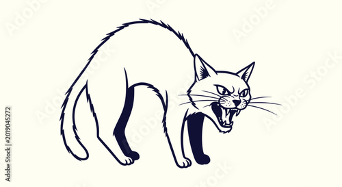 Fotografie Angry Hissing Cat with Arched Back and Sharp Teeth Vector Illustration for Hallo