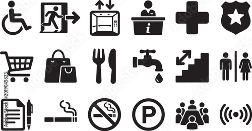 Universal Public Navigation and Essential Service Information Icon Set for Wayfinding and Urban Infrastructure Concepts