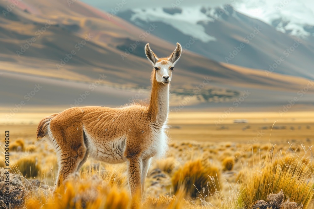 Fototapeta premium Vicuna standing in the andean highlands, facing the camera and posing