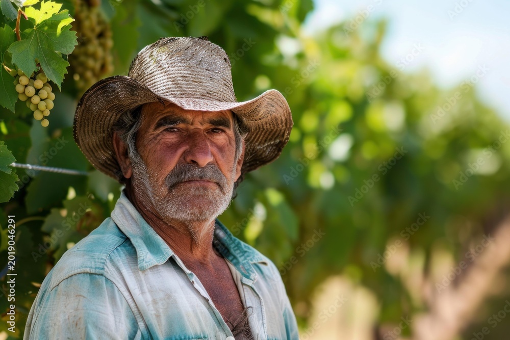 Fototapeta premium Experienced winemaker with weathered hat standing proudly amidst his vineyard, ensuring a fruitful harvest
