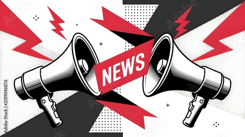 Two vintage megaphones announcing important breaking news with red lightning bolts