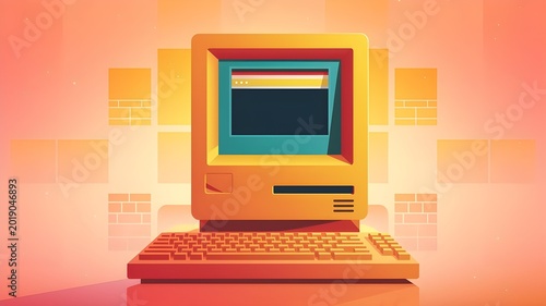 Retro style computer with a glowing screen in this digital illustration