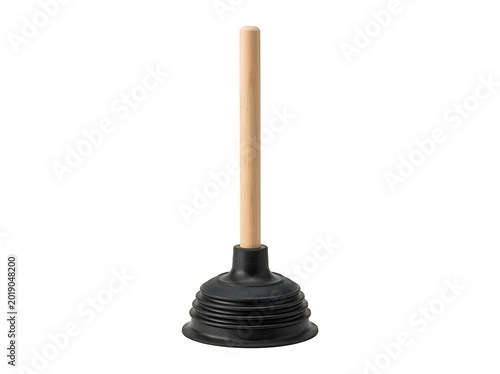 Black rubber toilet plunger with wooden handle