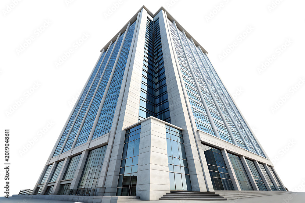Fototapeta premium Low angle view of a modern skyscraper with glass facade and stone cladding reaching towards the sky representing corporate architecture and urban isolated on a transparent background