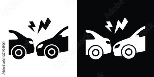 Rear-end collision icon showing two cars crashing. Graphic symbol for traffic accidents, fender bender, insurance services, and safe driving awareness.