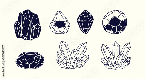 Foto Hand Drawn Collection of Crystal Clusters and Faceted Gemstones Vector Illustrat
