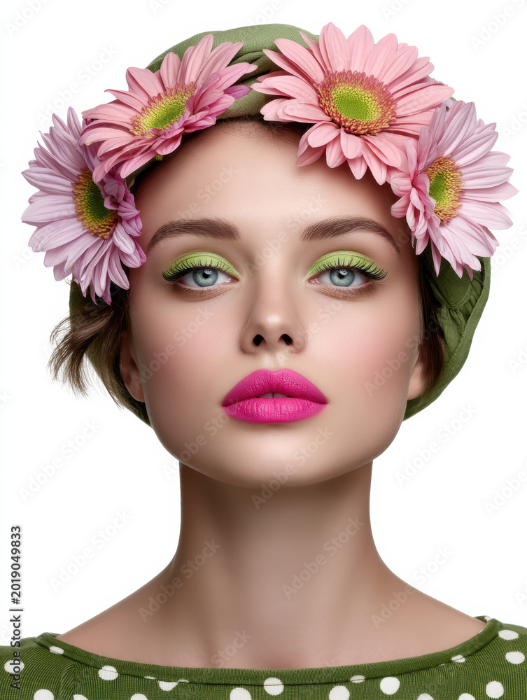 Naklejka premium Beautiful woman with green eyeshadow, pink lipstick, floral headband, green scarf, polka dot top, and soft makeup, expressing confidence