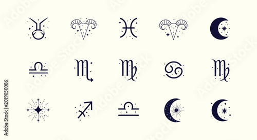 Foto Minimalist Mystic Celestial Zodiac Signs Collection Sun Moon Stars Astrology Sym
