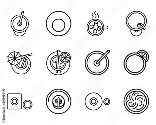 Set of drink and beverage icons in top down view line art style with non alcoholic thin line beverage cocktail