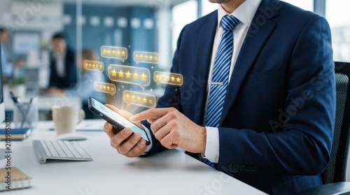 Businessman Checking Five Star Customer Reviews on Smartphone