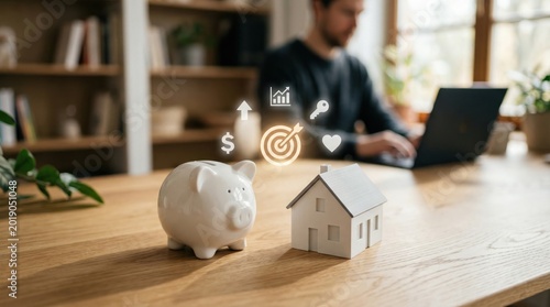 Piggy Bank and House Model with Financial Growth Planning Icons