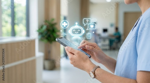 Nurse Using Medical AI Chatbot on Smartphone in Modern Hospital