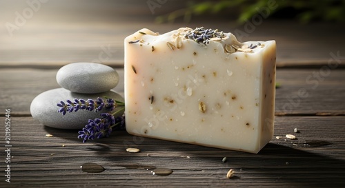 Artisanal lavender soap bar on rustic wooden table with smooth stones and fresh lavender flower for natural skincare and wellness routine