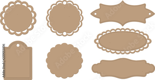 A set of eight brown cardboard label shapes with various scalloped edges