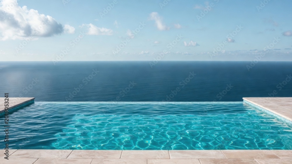 Fototapeta premium Infinity pool shimmering over ocean horizon on stone terrace