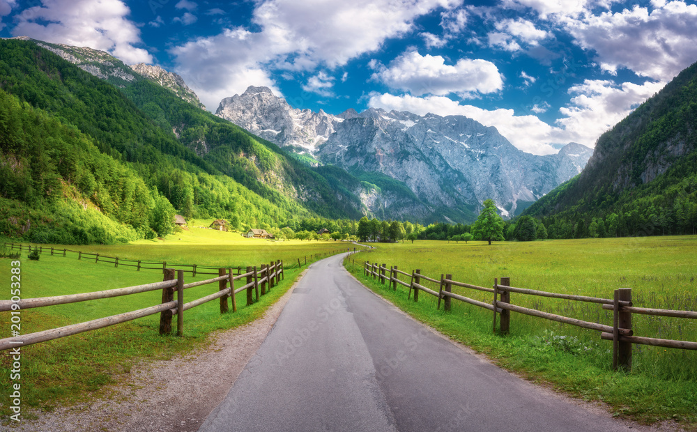 Naklejka premium Rural road in alpine mountains, wooden fence, green meadows, trees in summer in Logar valley, Slovenia. Country road. Colorful landscape with road, rocks, field, grass, blue sky with clouds at sunset