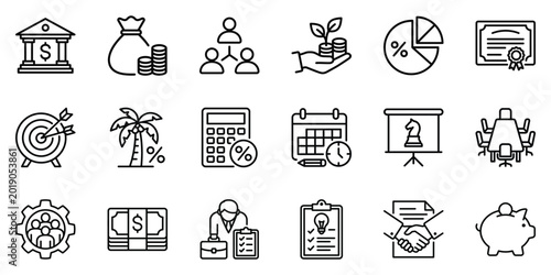 Business finance and strategic planning line icon set with investment banking and corporate management symbols, business