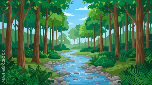 A serene forest scene with a stream flowing through tall trees and green foliage under a blue sky.
