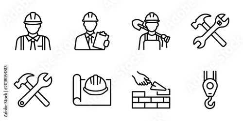 Photos Construction industry worker and professional tool line icon set with hard hat b