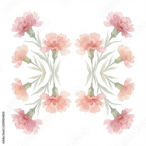 Delicate watercolor carnations arranged in a symmetrical floral pattern, evoking a sense of gentle beauty and natural elegance