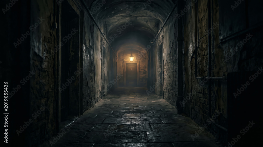 Obraz premium Dark corridor with eerie atmosphere and single glowing light at the end creating a mysterious and suspenseful scene. concept of exploration, intrigue, haunting atmosphere, horror, halloween