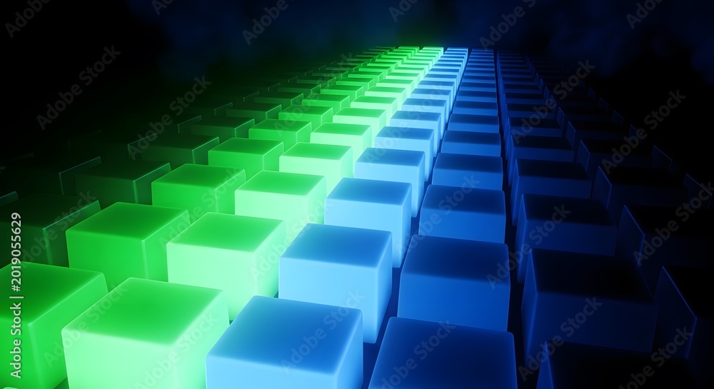 Fototapeta premium Glowing green and blue digital cubes forming a futuristic abstract path in dark space with abstract