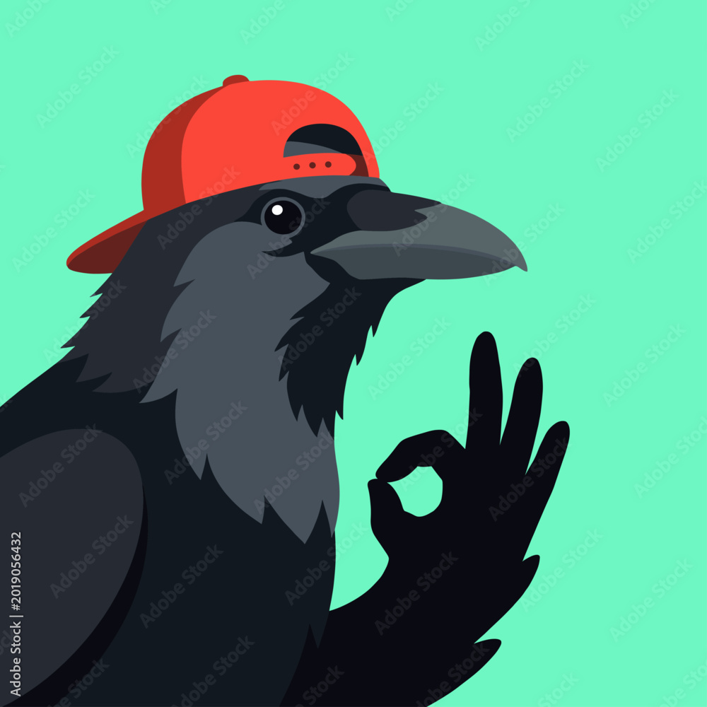 Fototapeta premium Cool crow character wearing a red baseball cap and showing an okay hand gesture flat illustration