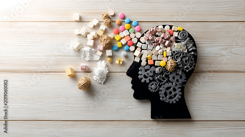 Creative mental health concept with abstract mind, cognitive fragments, and emotional elements, symbolizing psychology, neurodiversity, stress, healing, and mental balance